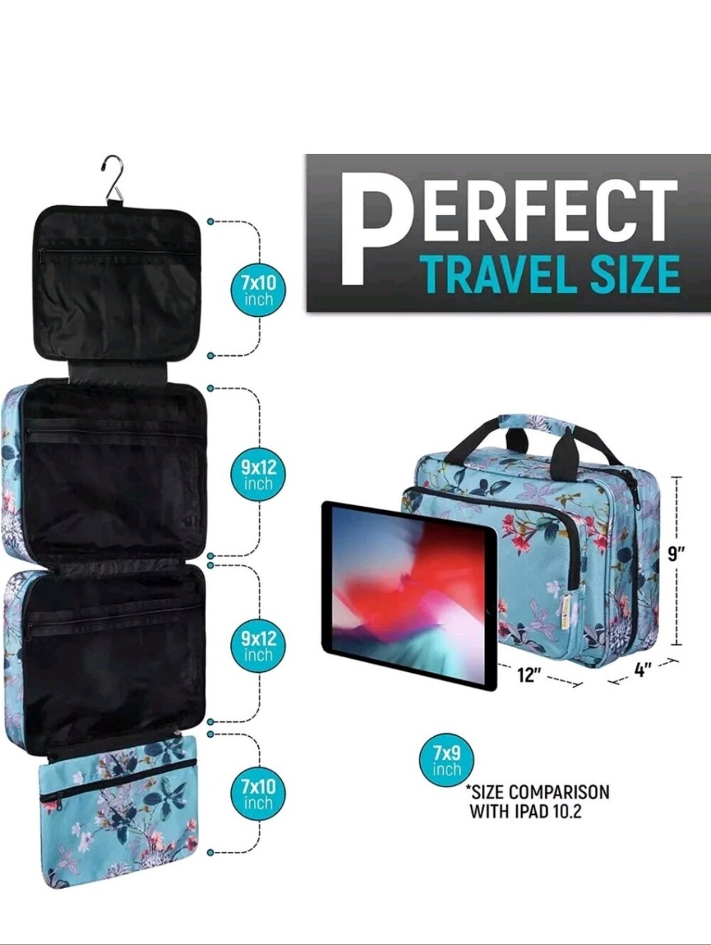 Bag&Carry Large Hanging Toiletry Bag Makeup Organizer Turquoise Floral Canvas - Picture 5 of 7